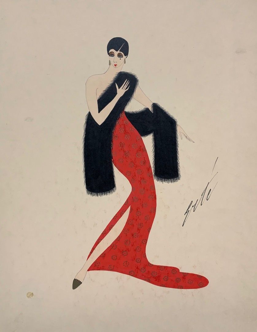ERTE (1892-1990) 带有红裙和BOA的优雅 水粉和铅笔在纸板上 - 右侧有签名 - 40 x 32 cm - 状态良好
