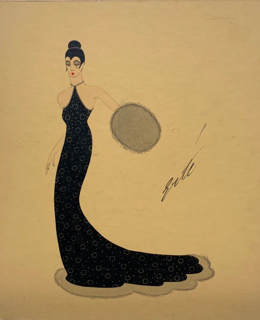 ERTE (1892-1990) ELEGANTE À LA ROBE LONGUE 纸板上水粉和铅笔 - 右侧有签名 - 30 x 25 cm - 状态良好
