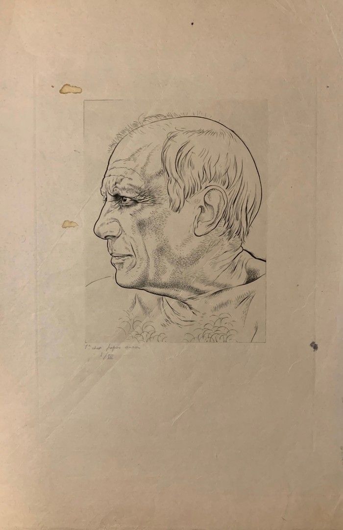 LEMAGNY Paul (1905-1977) (non signée) 毕加索的画像。约1956年 日本纸上的干点法 - 无签名，左下方有 "1er éta&hellip;