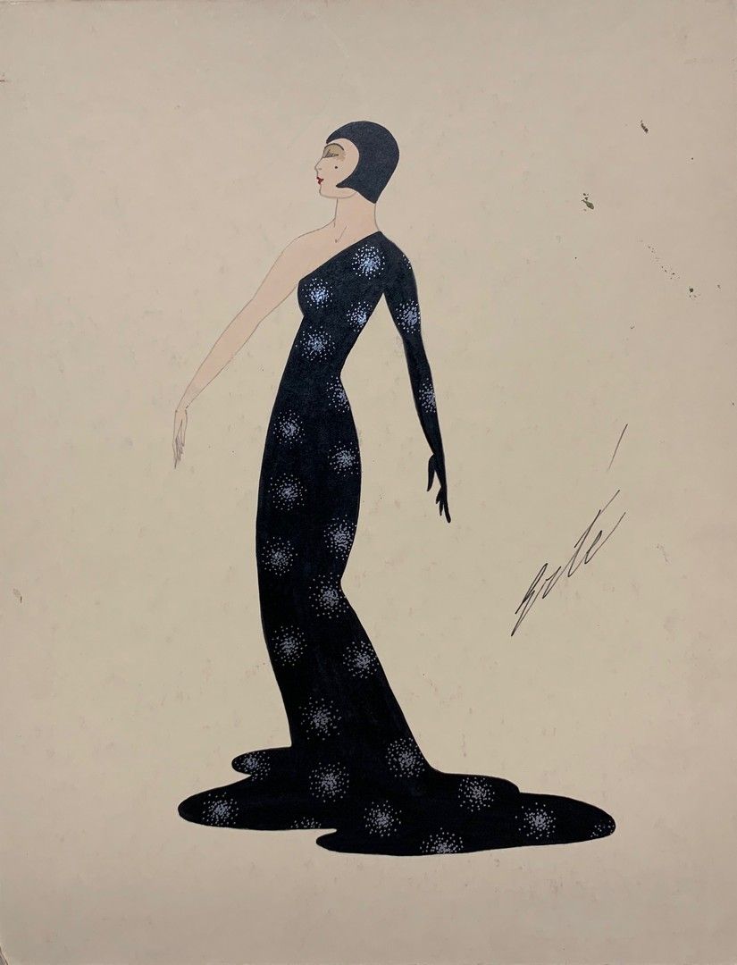 ERTE (1892-1990) 
ELEGANT WITH A LONG BLACK AND SILVER DRESS Gouache and pencil &hellip;