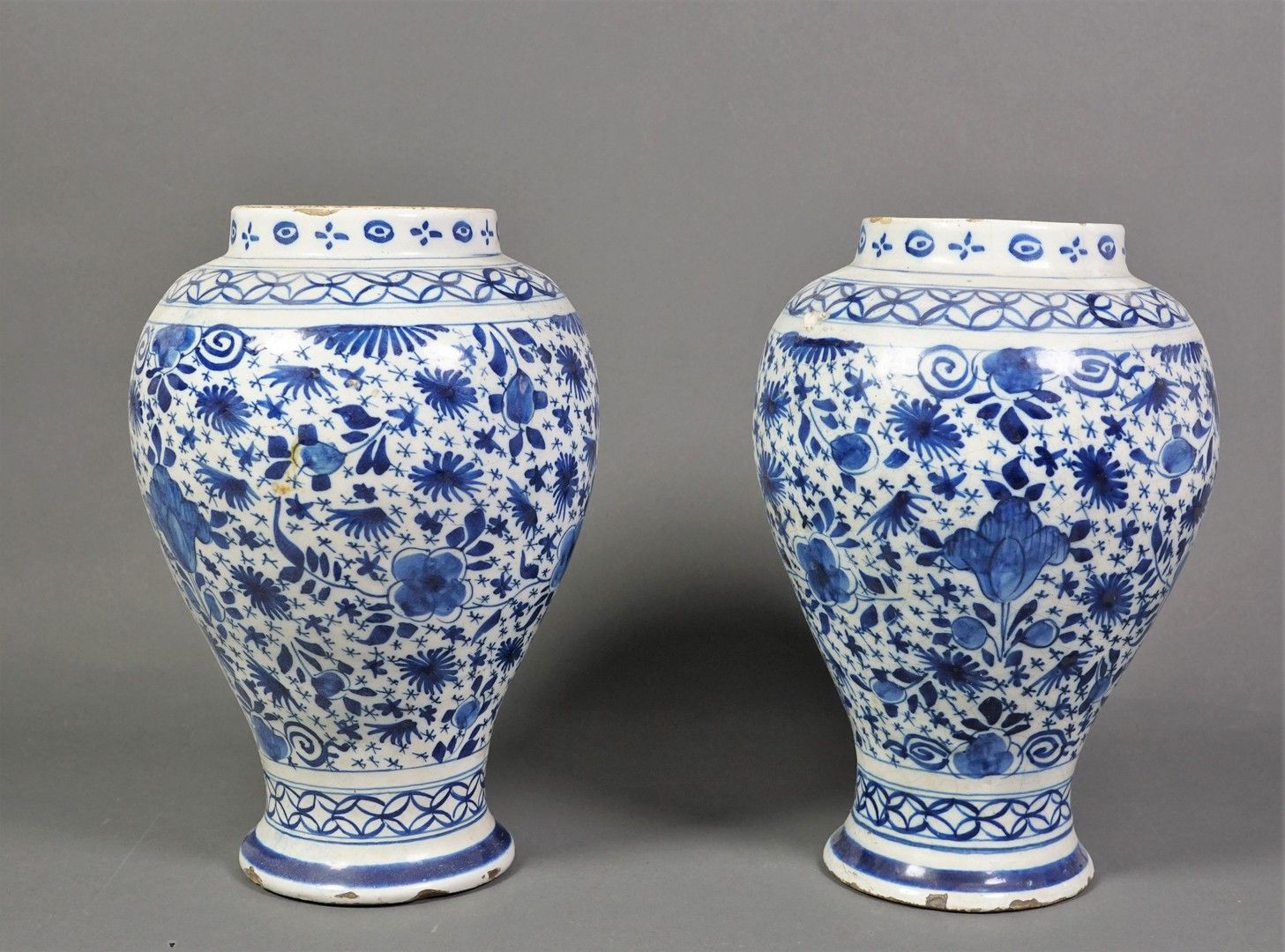 DELFT Pair of glazed ceramic vases with floral decoration in white and blue (acc&hellip;