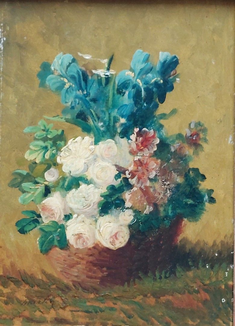 Ecole XXe 花束 画板上的油彩，已签名。25x19厘米 附：Marcel-Georges HUE (1907-?) 花瓶，布面油画，已签名。55x46c&hellip;