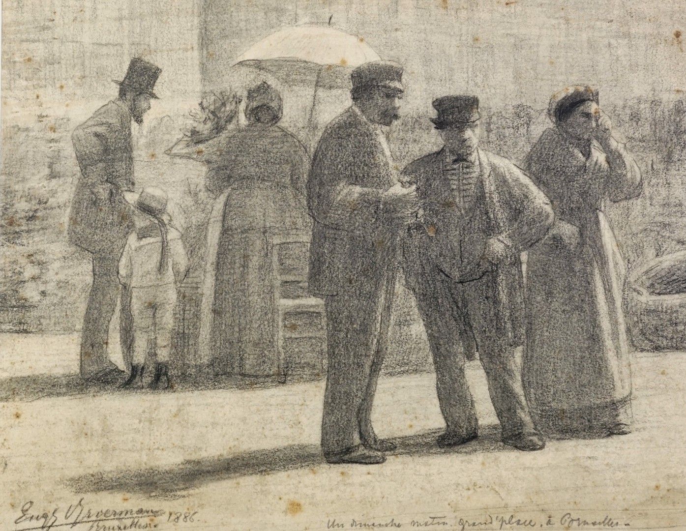 Eugène LAERMENS (1864 - 1940) 布鲁塞尔的一个周日早晨大广场。纸上炭笔，有签名，日期为1886年，标题为29 x 36厘米
