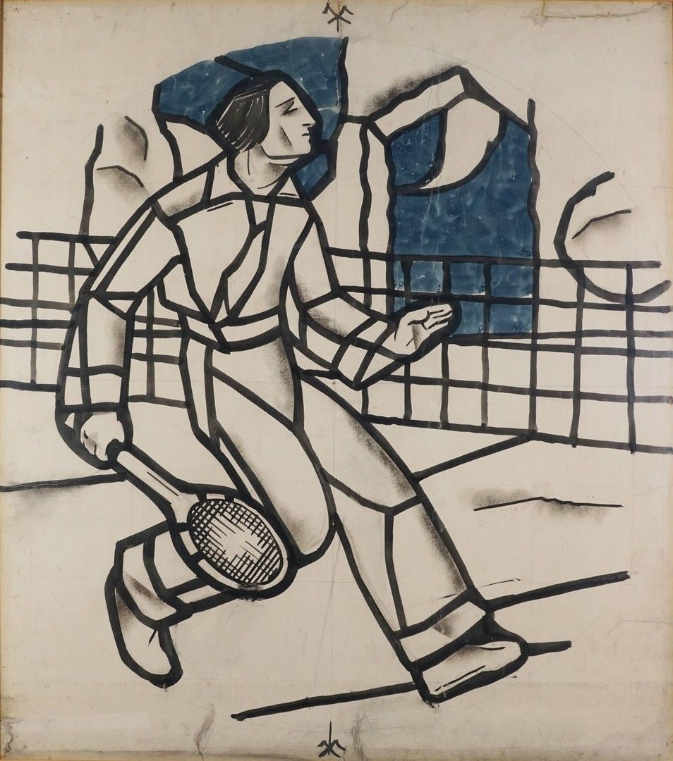 Null "网球运动员 "彩色玻璃窗的准备研究，20世纪法国学校，Atelier Barillet（？水粉画在纸上。有框。事故和撕裂。77 x 88厘米"。