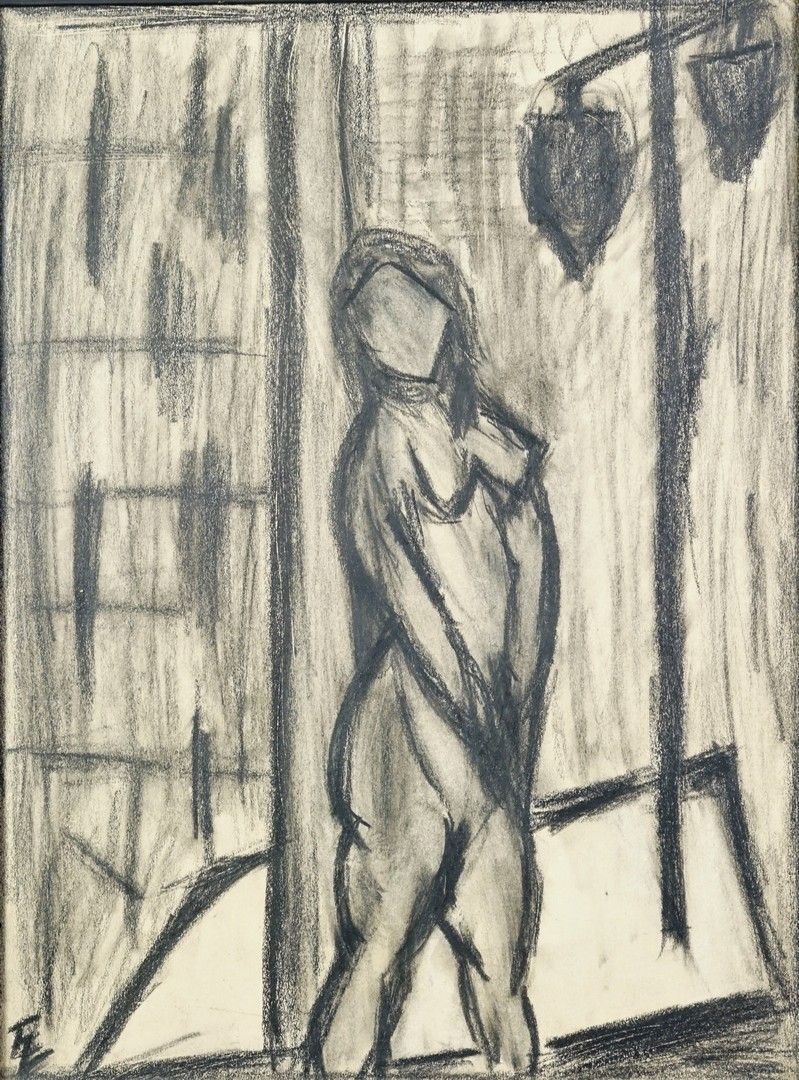 ECOLE EXPRESSIONNISTE XXe Femme nue adossée. Crayon noir sur papier monogrammé F&hellip;