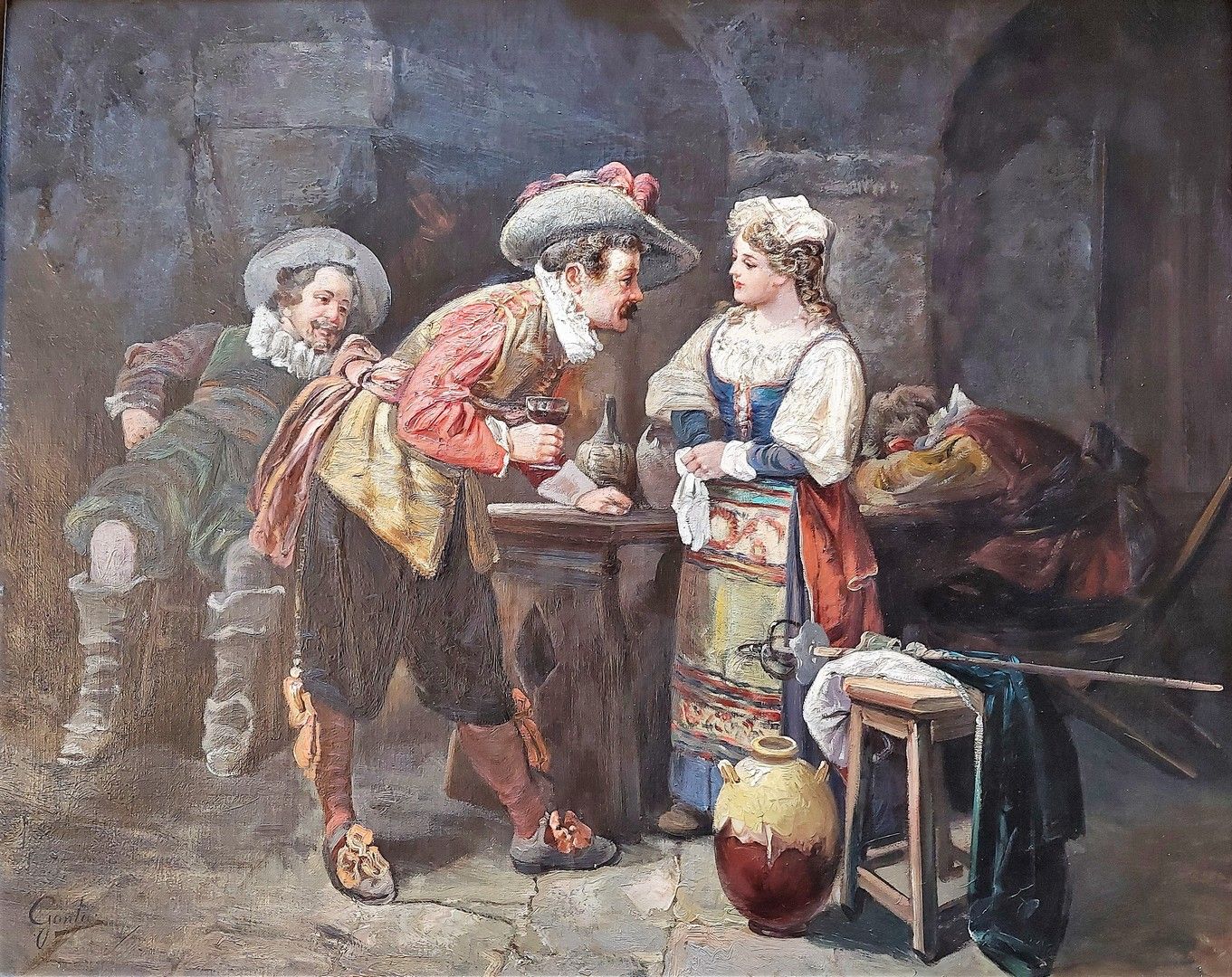 Louis GONTIER Scena di taverna, olio su tela firmato 61 x 73 cm