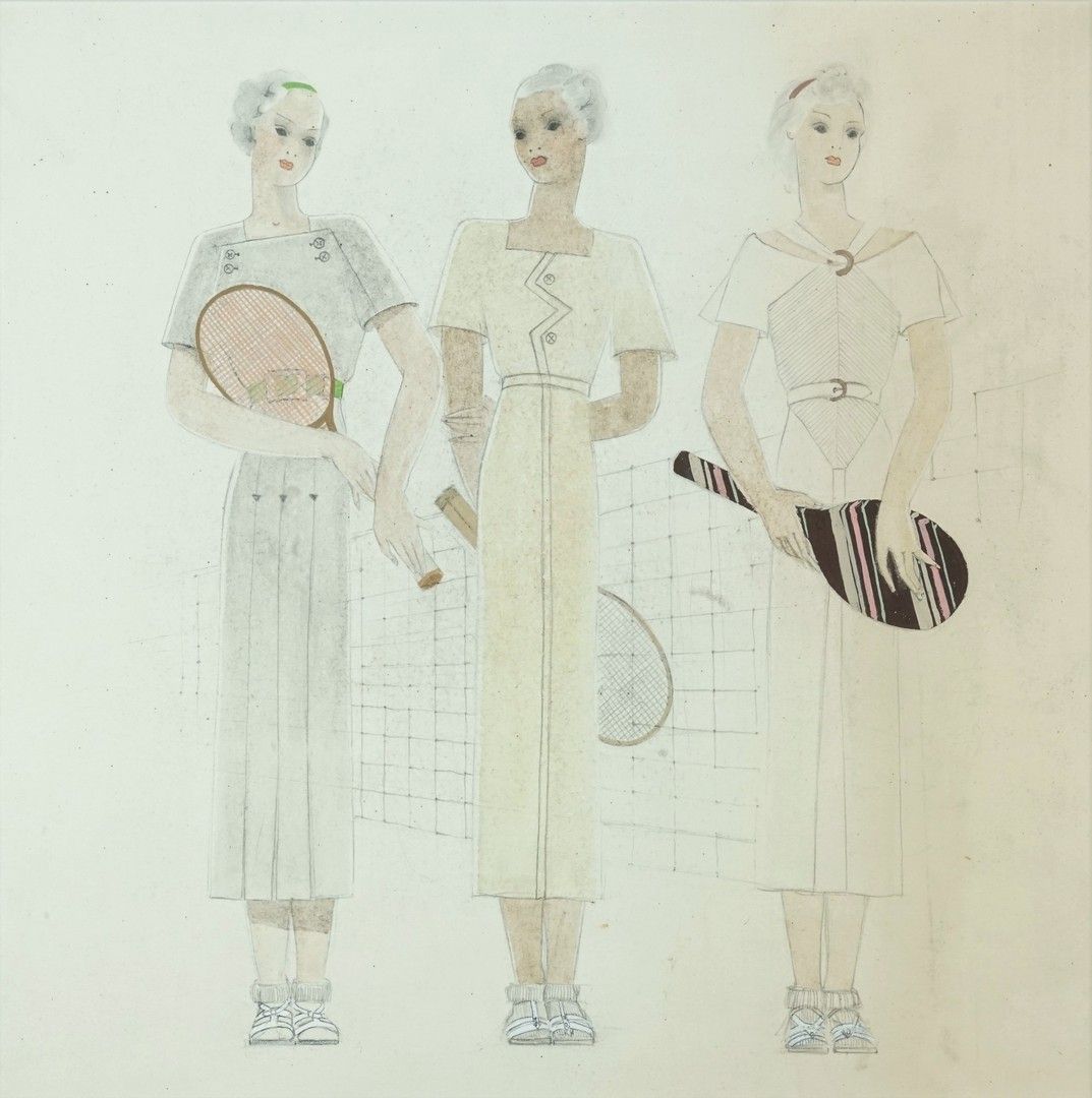 Null "三位女性网球运动员，约1930年。水彩画。纸张右边缘发黄。有框。纸张：31 x 31 cm"
