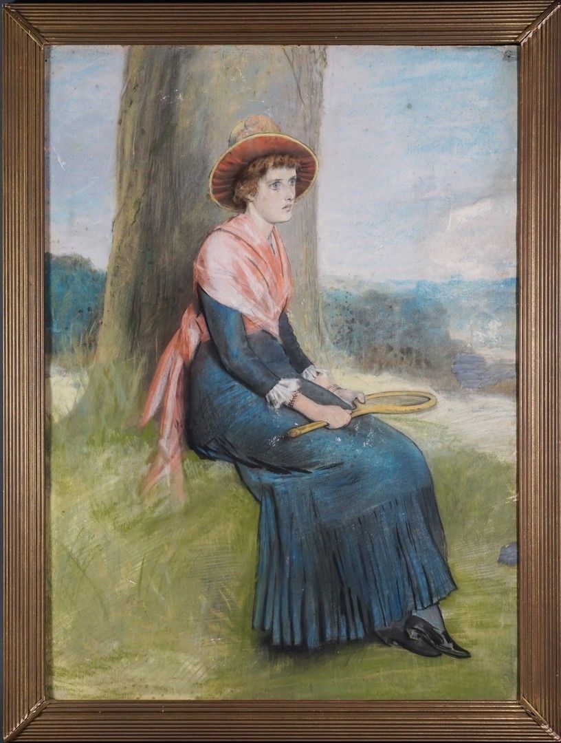 Null "TENNIS Tennis player, ca. 1900. Pastel on paper. Framed. 71 x 51 cm"