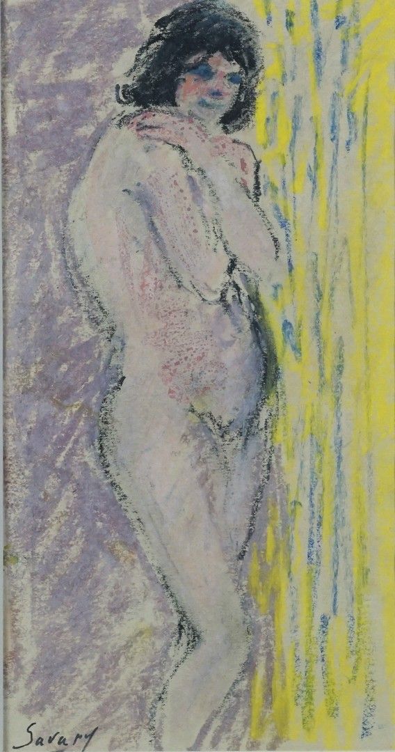 Robert SAVARY (1920 - 2000) 站立的裸体 纸上粉笔画，签名 24 x 12 cm
