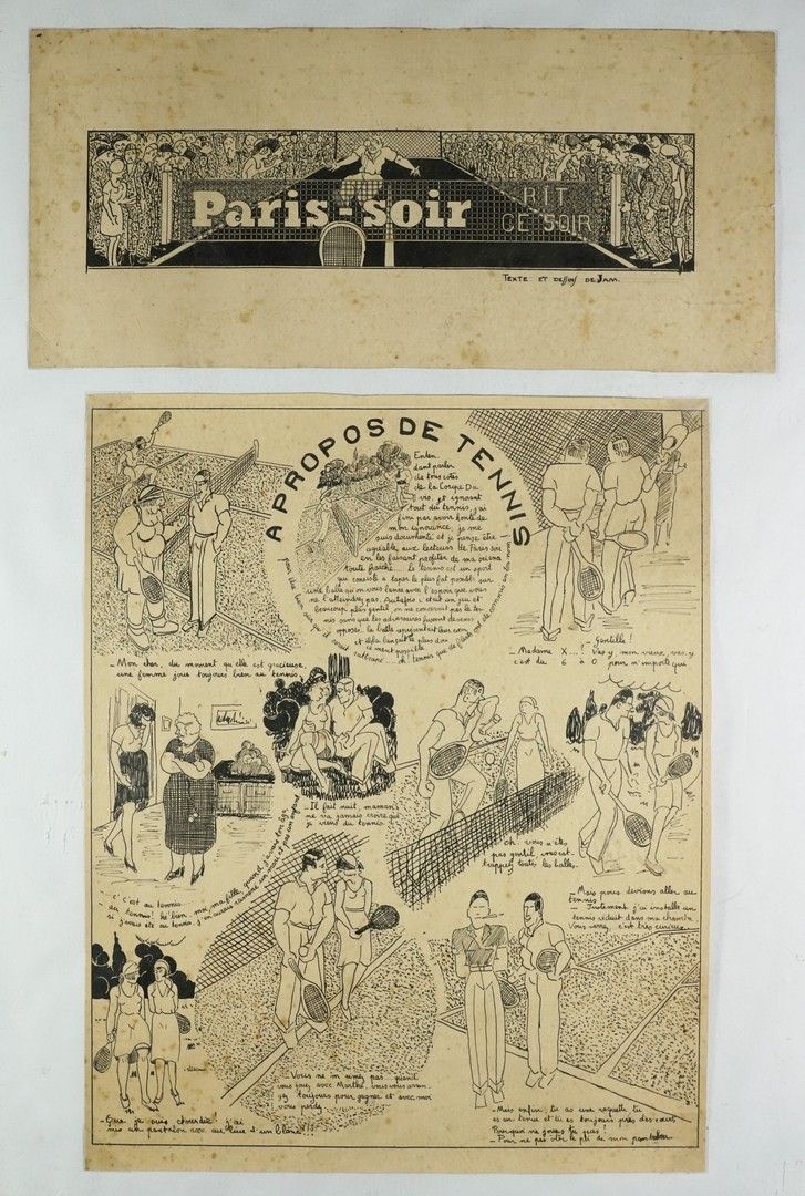 Null "PARIS-SOIR "的模型，"A propos de tennis"，Jam的文字和绘画。 印度墨水。框架：106 x 76厘米"。