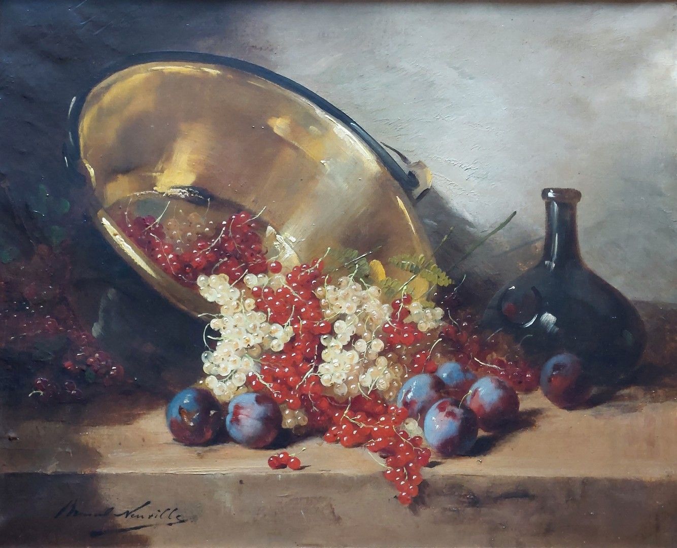 Arthur BRUNEL DE NEUVILLE (1852-1941) 铜盆和水果的静物画。布面油画，50x61cm。