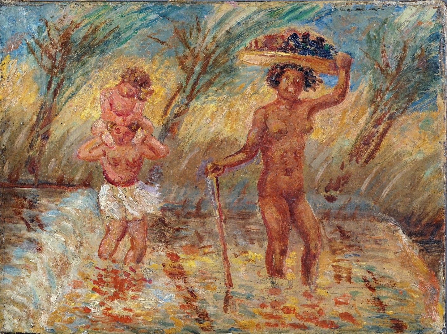 Ecole XXe 土著人过河。布面油画（修复） 20 x 27 cm