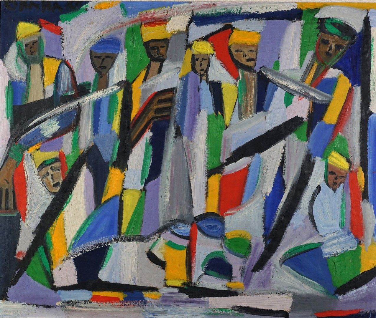 Ecole XXe 
"Noon in Djelma El Fnaa" 1958. Oil on canvas titled and dated on the &hellip;