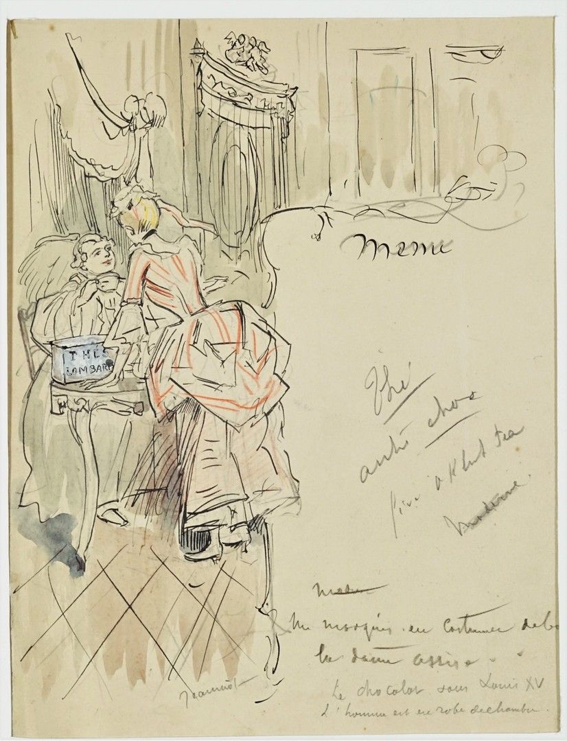 Pierre Georges JEANNIOT (1848-1934) "伦巴第 "菜单项目。钢笔画和水彩画的亮点。右下角有签名（撕裂）。23x18厘米。附：《&hellip;