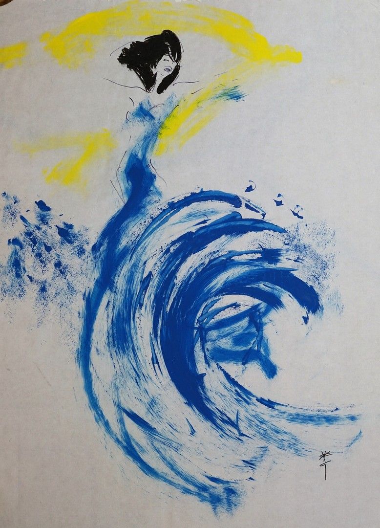 René GRUAU (1909-2004) 穿蓝色裙子的女人，约1992年
水粉和墨水在研究纸上
右下方有签名
54 x 46 厘米
缺角，折痕 历史。

与&hellip;