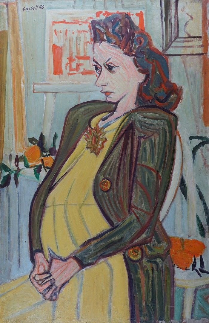 Alexandre GARBELL (1903-1970) 帕卢特小姐怀孕了，1946年
布面油画
左上角有签名和日期
背面有标题、日期和印记
92 x 60 &hellip;