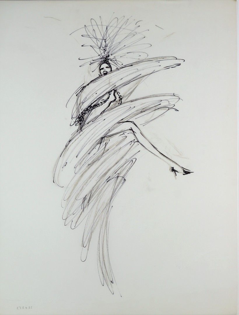René GRUAU (1909-2004) 一套三幅画（水墨、木炭和蜡笔）。
的舞者在丽都。无符号。中等规模
边缘有破损，边角被腐蚀

历史：其中一件作品是1&hellip;