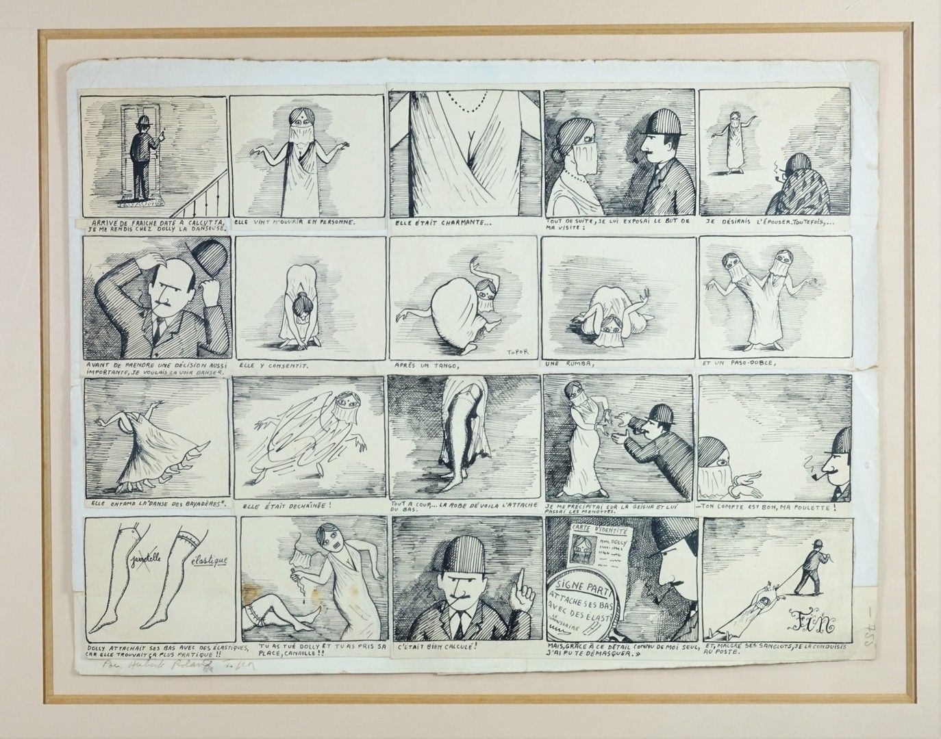 Roland TOPOR (1938-1997) "加尔各答的舞者"，1965年
粘贴在纸板上的纸上墨水
底部有签名和说明
28 x 37,5 cm 该主题

&hellip;