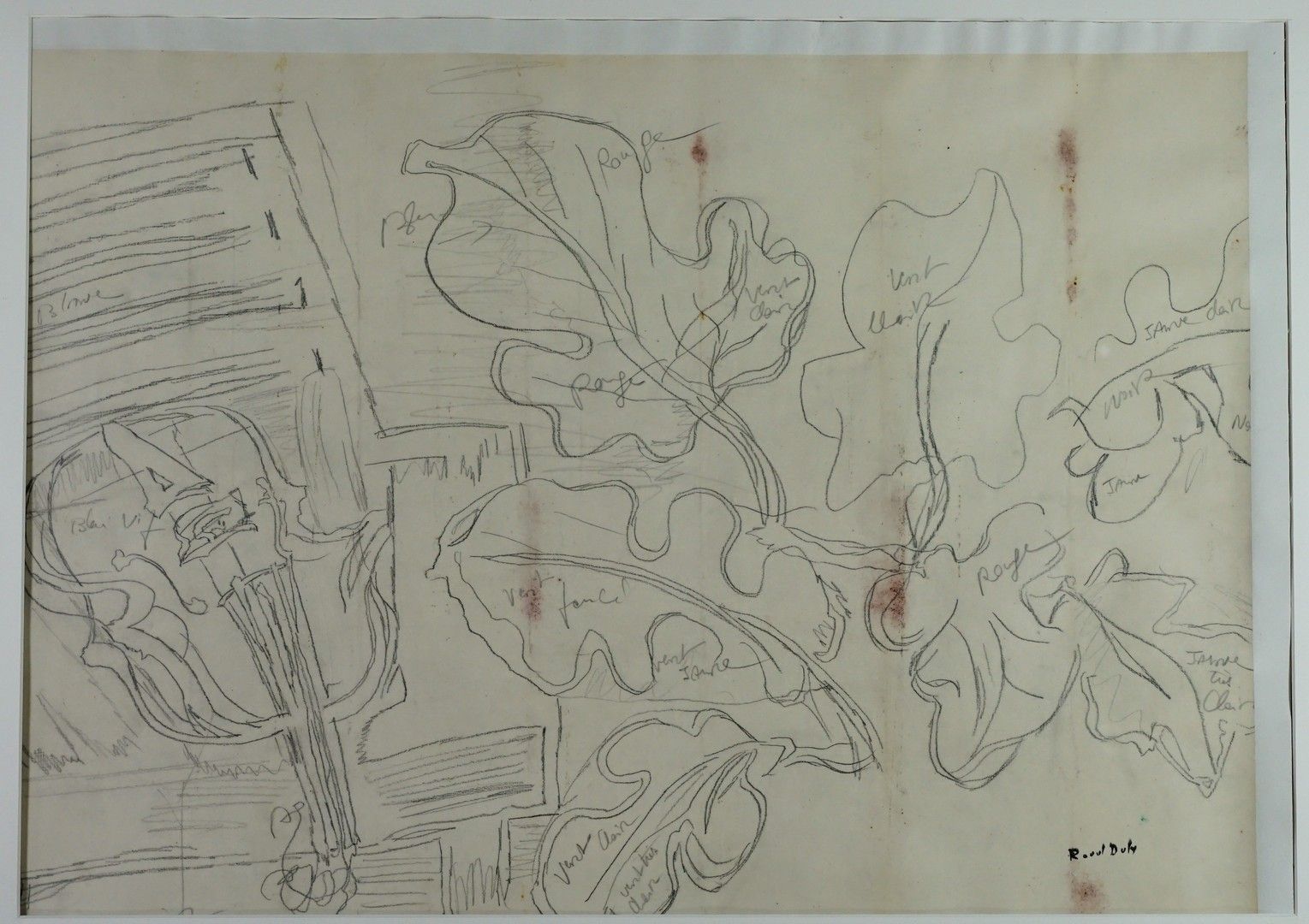Raoul DUFY (1877-1953) 小提琴和树叶
铅笔画的研究，有彩色的注释。签名：右下角有印章
对
45 x 64 厘米
可见的褐色。
