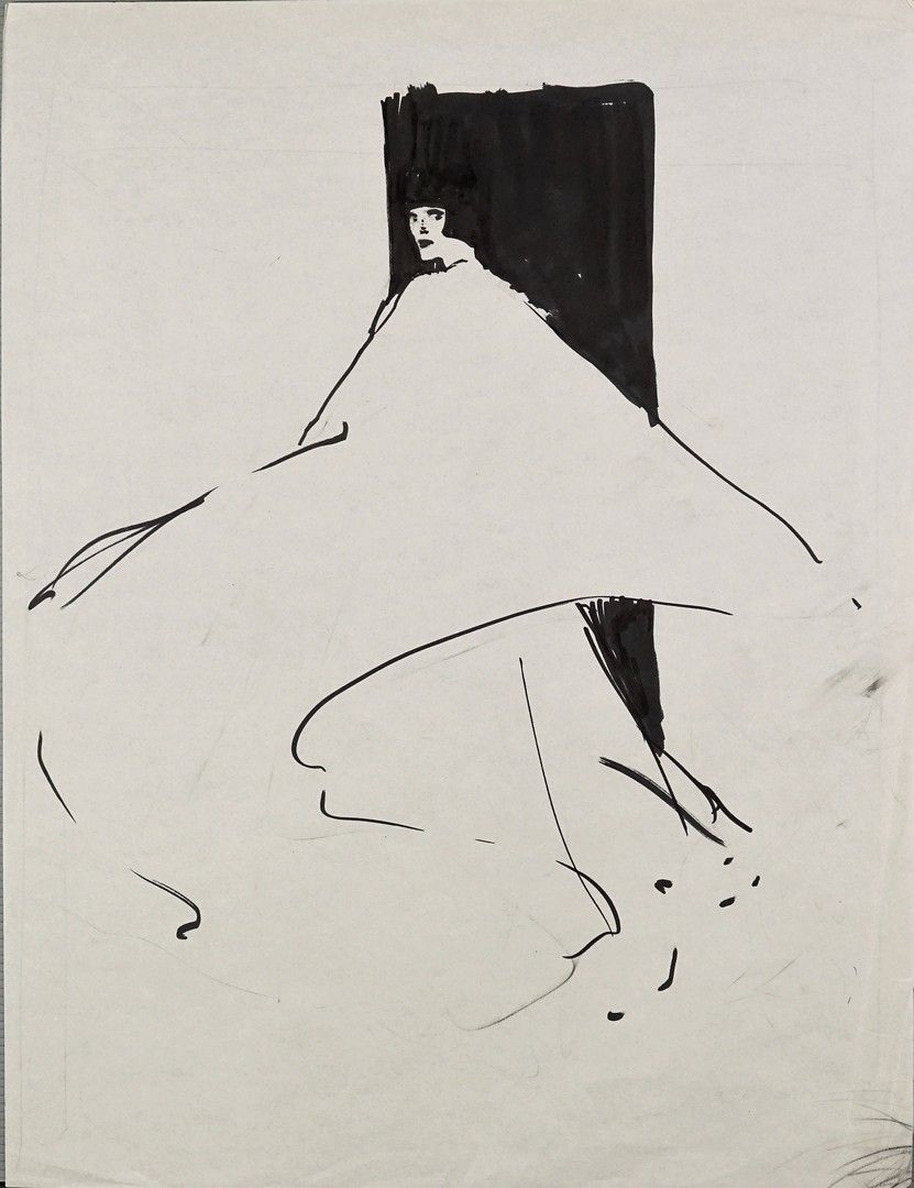 René GRUAU (1909-2004) 两幅不同主题的素描（细纸上的墨水和铅笔高光；油性铅笔）。
无符号。中等规模
边缘有折痕