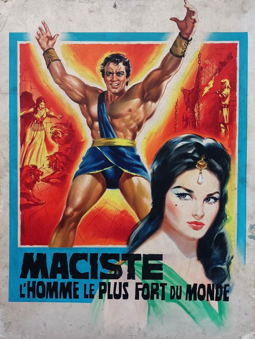 Gilbert Allard (Xxe) 卡片上的油画 - "Maciste l'homme le plus fort du monde" - 1961 年为电&hellip;