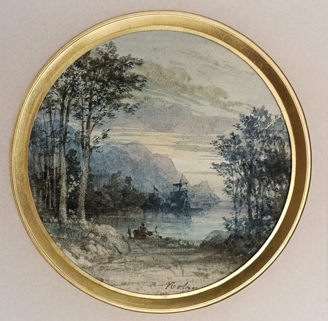 François Josep Noleau (1804-1883) Aquarell - "Belebte Landschaft mit Segelbooten&hellip;