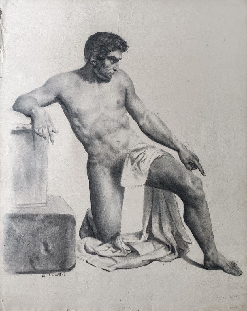 Ecole Française circa 1830 素描 - "Académie d'homme"（人类学院） - 意外事故和缺边 - 无装裱 - 60 x &hellip;