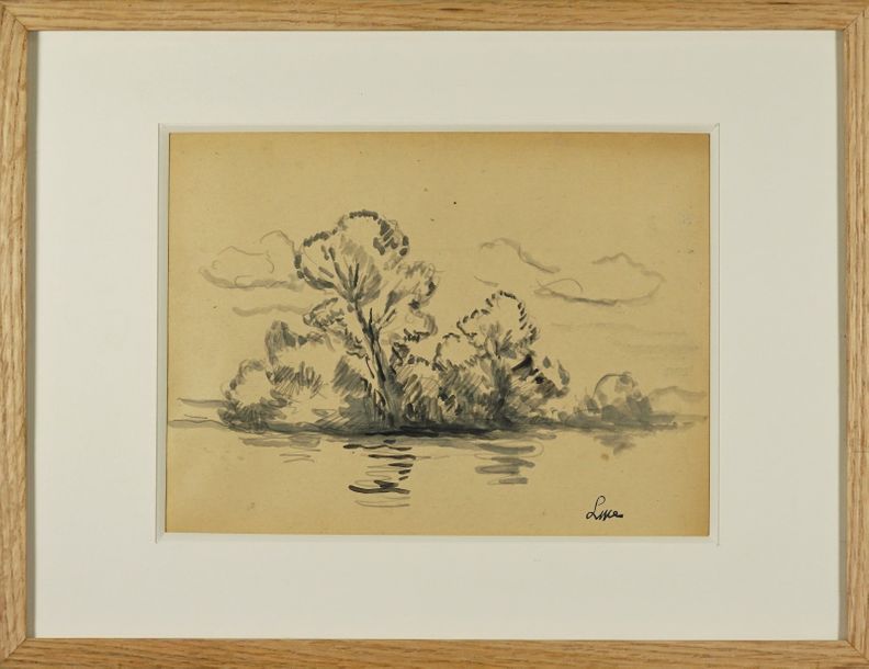 Maximilien Luce (1858-1941) Bord de lac. Dessin à l’encre 19 x 26 cm