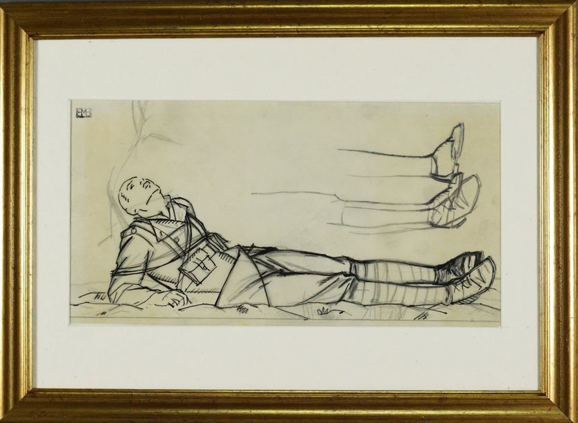 Bernard BOUTET DE MONVEL (1881-1949) Etude de militaire allongé . Encre et crayo&hellip;