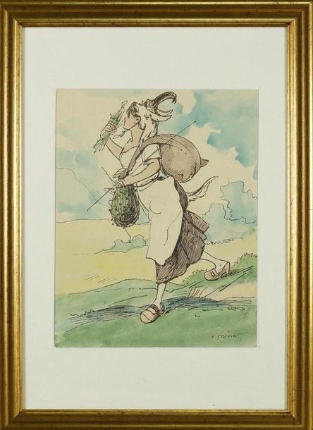 Alfred GREVIN (1827-1892) Jeune bergère.Dessin à la plume et aquarelle. Signé en&hellip;