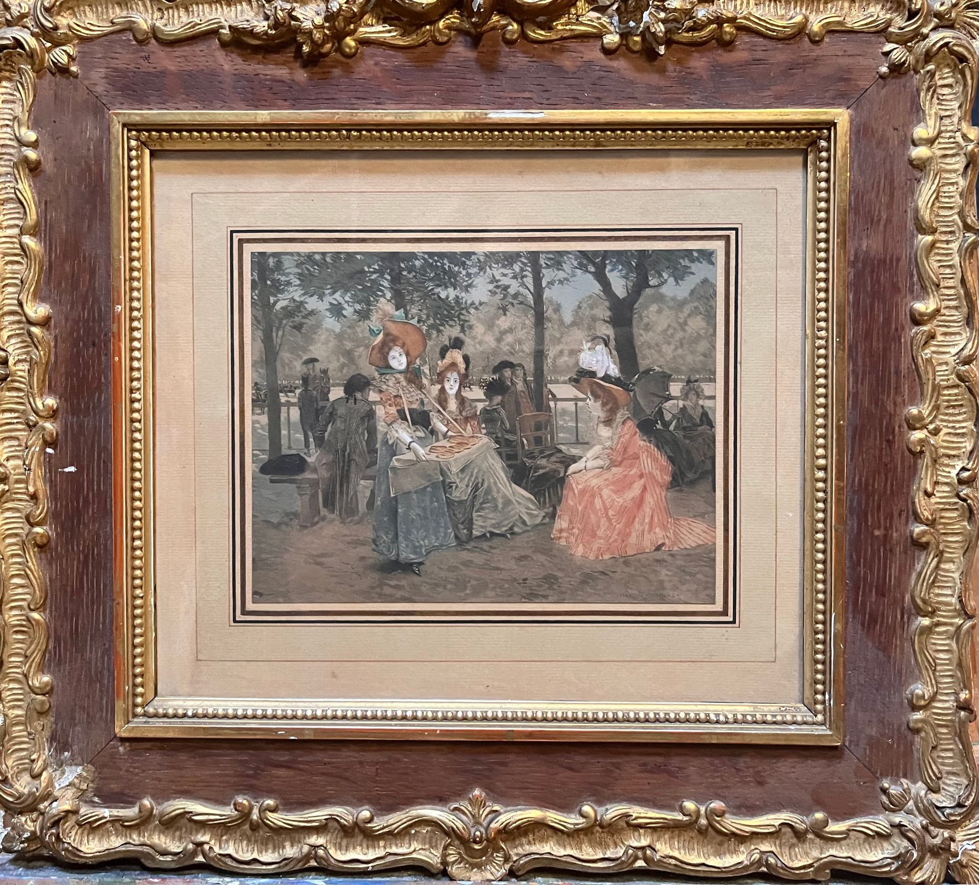 Null 弗朗索瓦-弗拉芒(1856-1923)《公园里的动画场景》。一对用水彩画加强的蚀刻画，背面有证书。作品尺寸：23x27厘米。