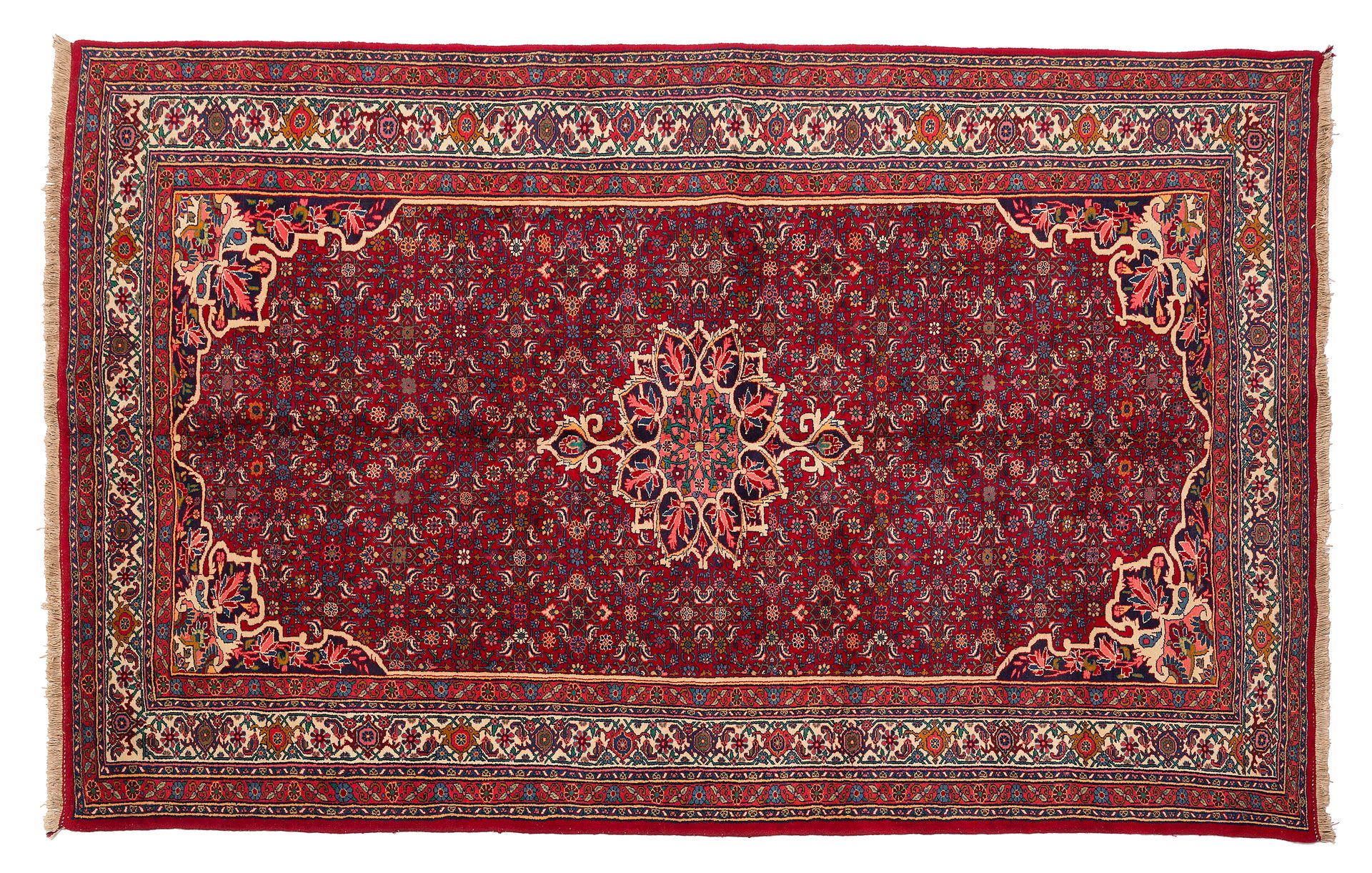 Null 
BIDJAR地毯（伊朗），20世纪中期。




尺寸：320 x 203厘米。




技术特点 : 羊毛天鹅绒，棉质底板。




樱桃红色的场&hellip;