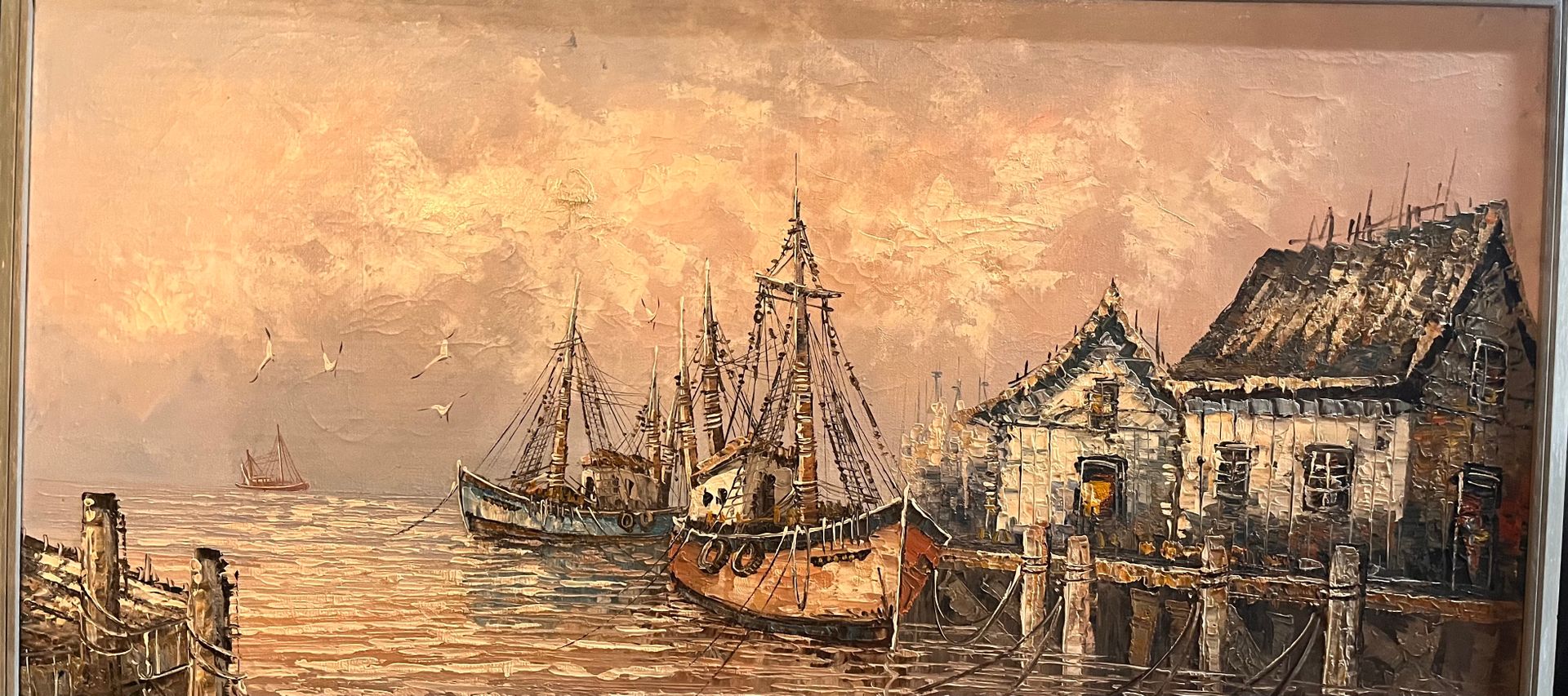 Null 表现港口入口的重要布面油画。尺寸：120x60厘米（20世纪）。