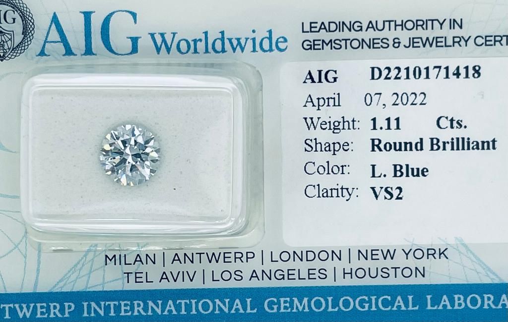Null 1颗实验室培育的钻石1.11克拉透明蓝-VS2-明亮式切割-AIG证书-LG20403