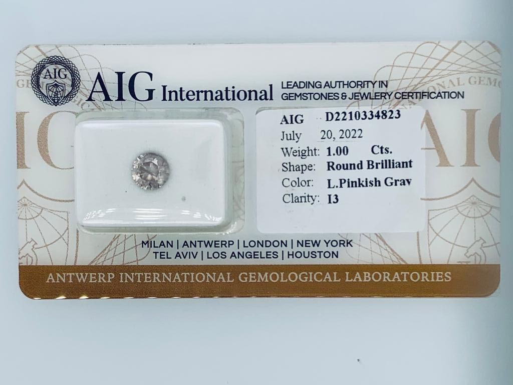 Null 1颗钻石1克拉粉色透明灰-i3-明亮式切割-AIG证书-C20409-13