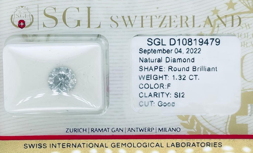 Null 1 DIAMOND 1.32 CT F - SI2 - BRILLIANT CUT - SGL CERTIFICATE - C20905-4