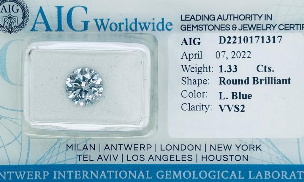 Null 1颗实验室培育的钻石1.33克拉清澈的蓝色 - VVS2 - 明亮式切割 - AIG证书 - LG20401
