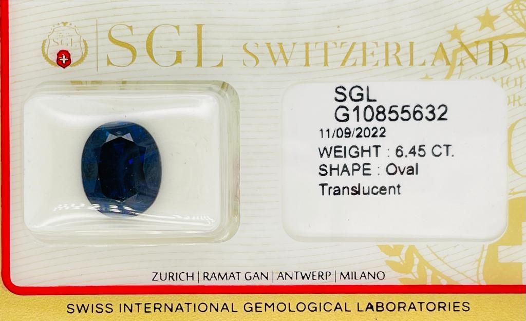 Null 1颗实验室培育的蓝色蓝宝石，6.45克拉，椭圆形切割 - SGL证书 - PS80501