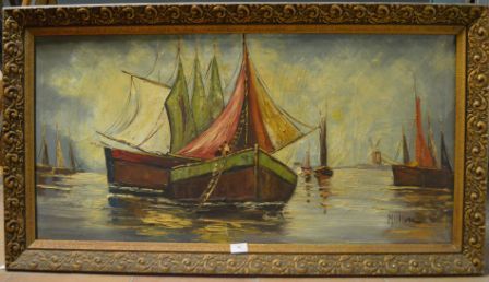 Mollin Les bateaux, huile sur toile, signée en bas à droite, 49 x 99 cm