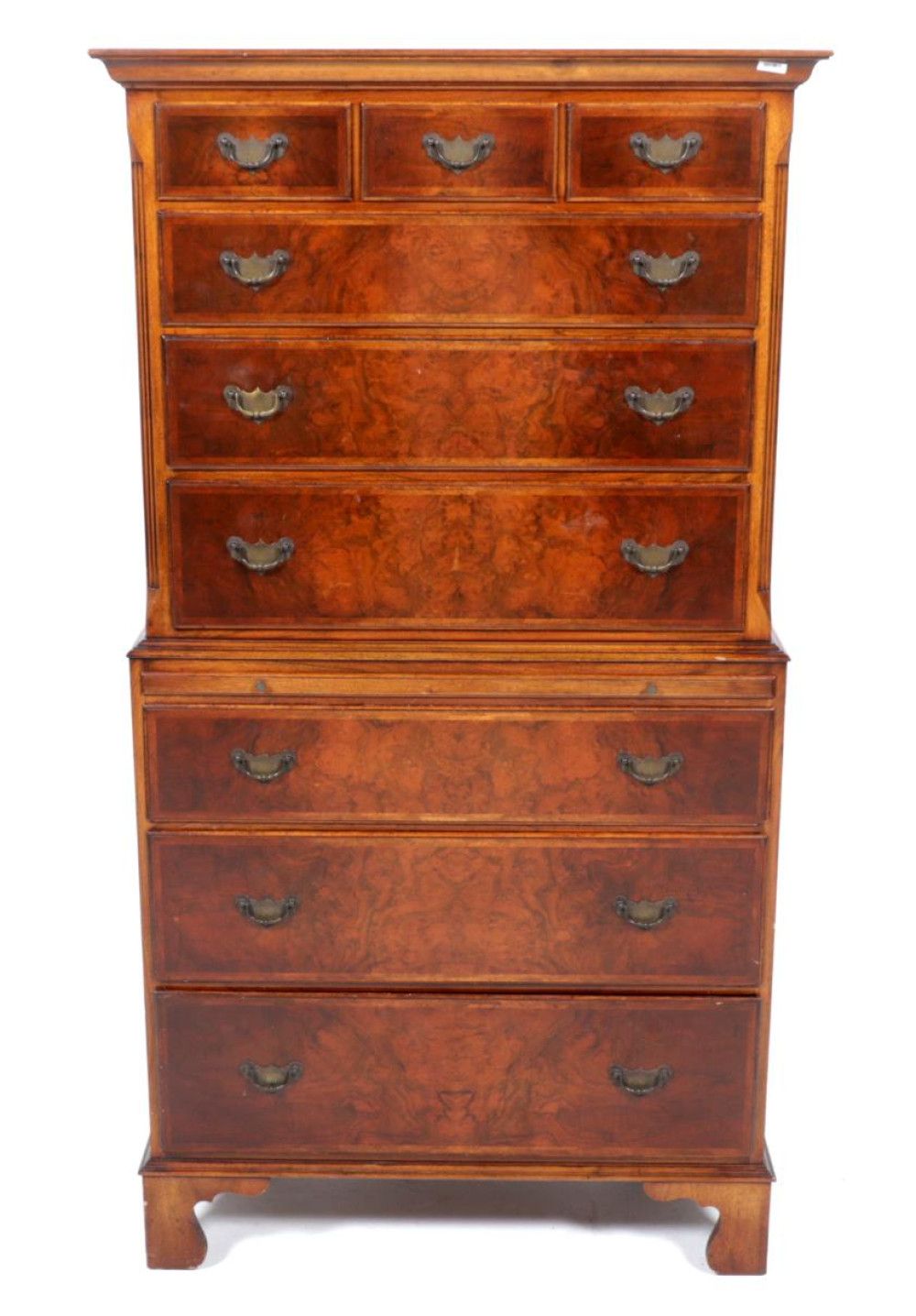 Null Old burr walnut chest on chest with 9 drawers, h.156 x w.83 x d.47 cm.