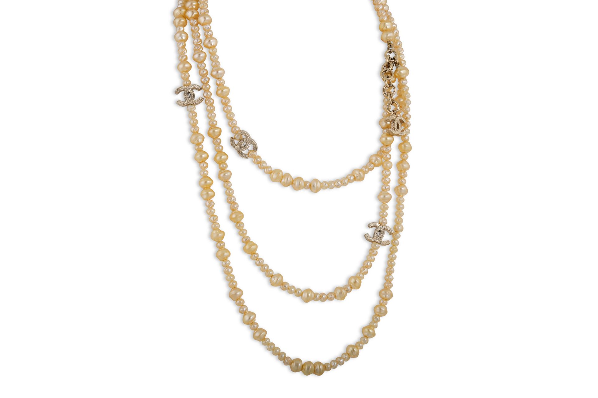 A CHANEL FAUX PEARL NECKLACE, multi stranded with Double…