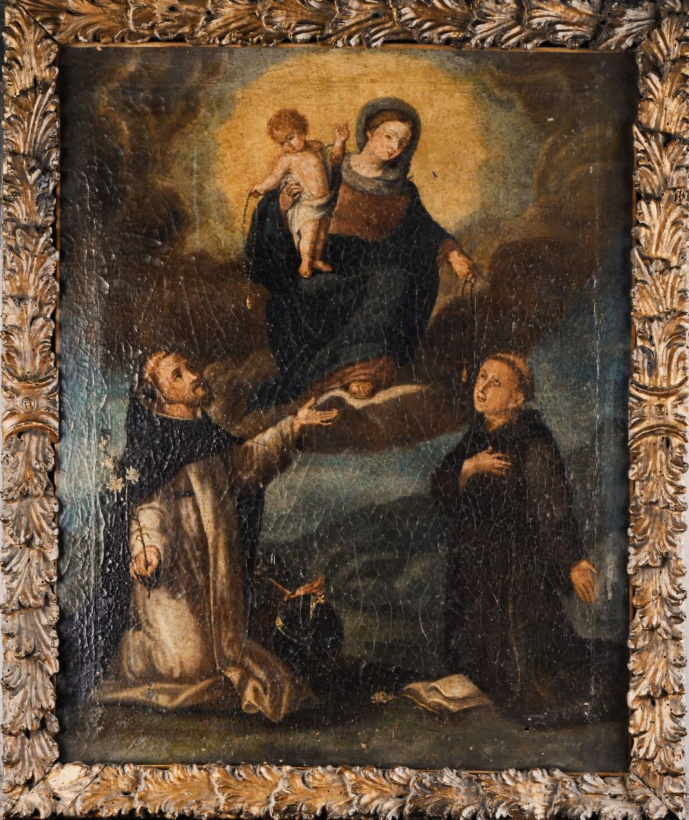 Dipinto olio su tela raffigurante Madonna del Rosario con il Bambino con i Santi&hellip;