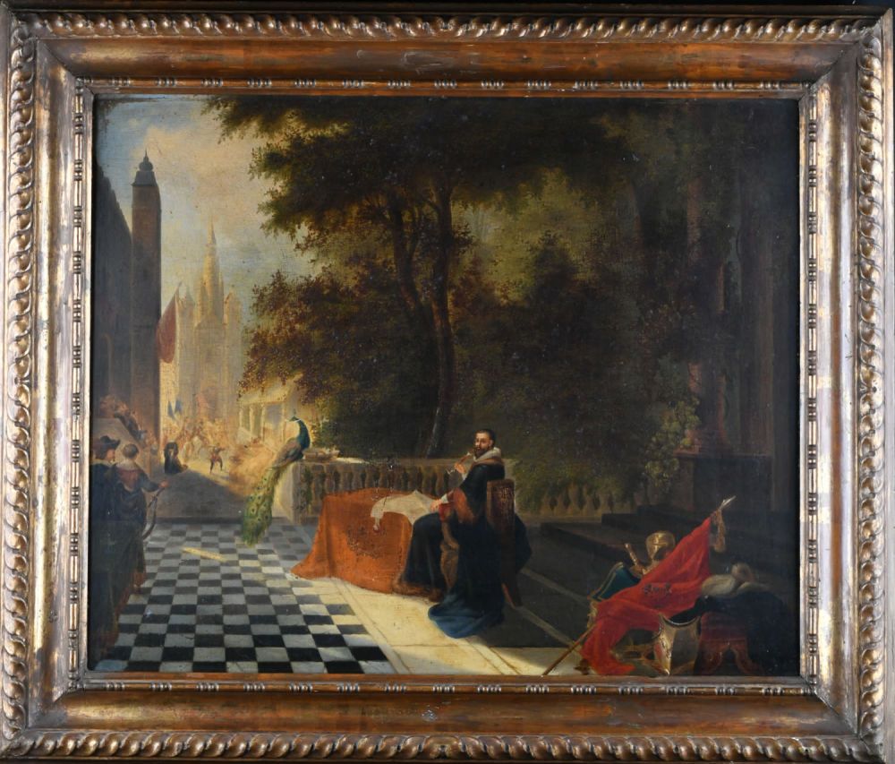 Dipinto olio su tavola XVIII raffigurante un nobile probabilmente al ritorno da &hellip;