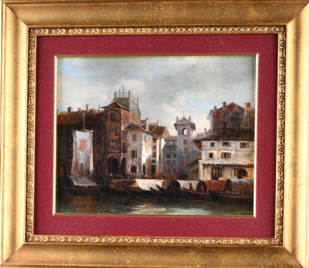 Dipinto olio su tela del XIX sec raffigurante scorcio di città con barche e pers&hellip;