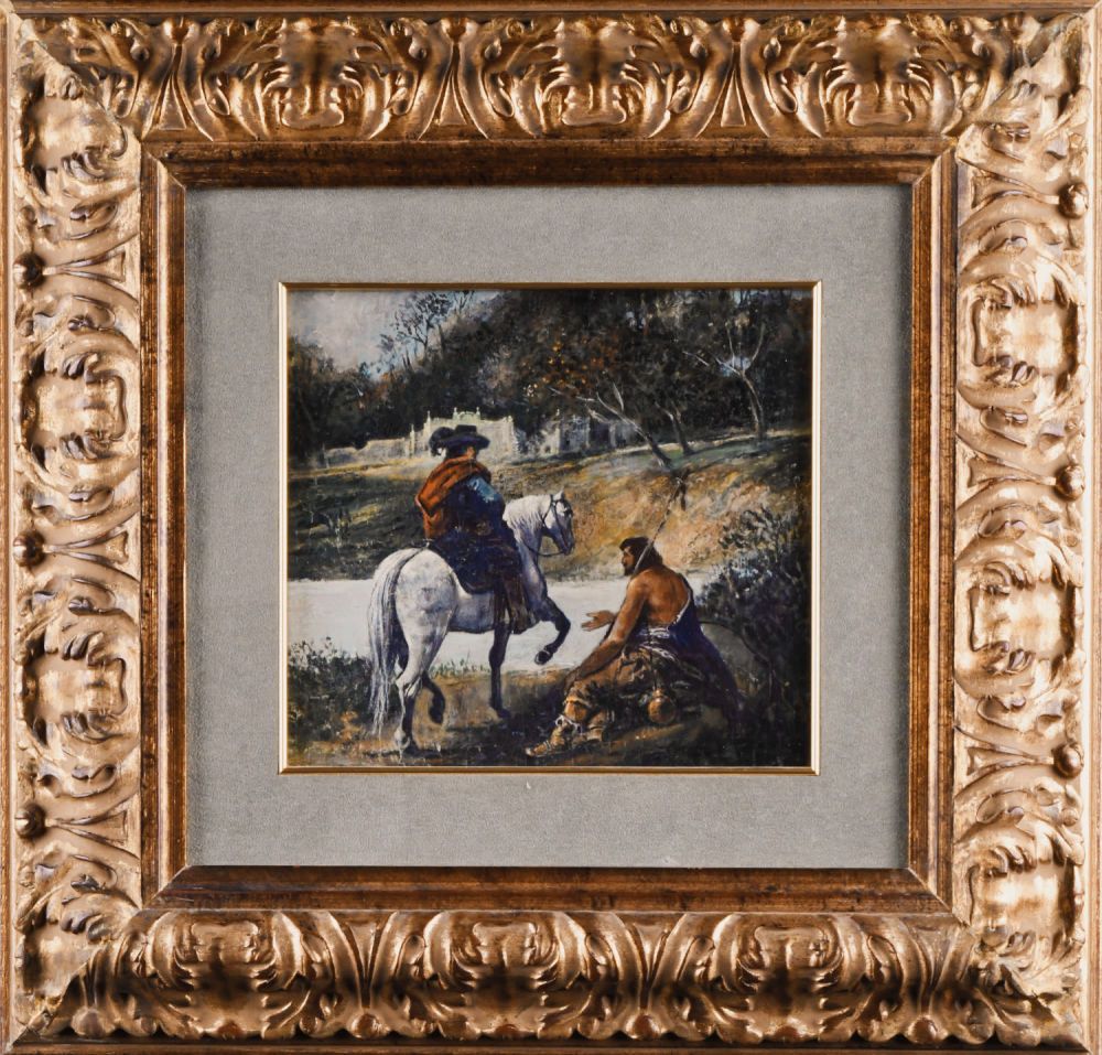 Dipinto olio su tela del XVIII raffigurante un uomo a cavallo ed un mendicante s&hellip;