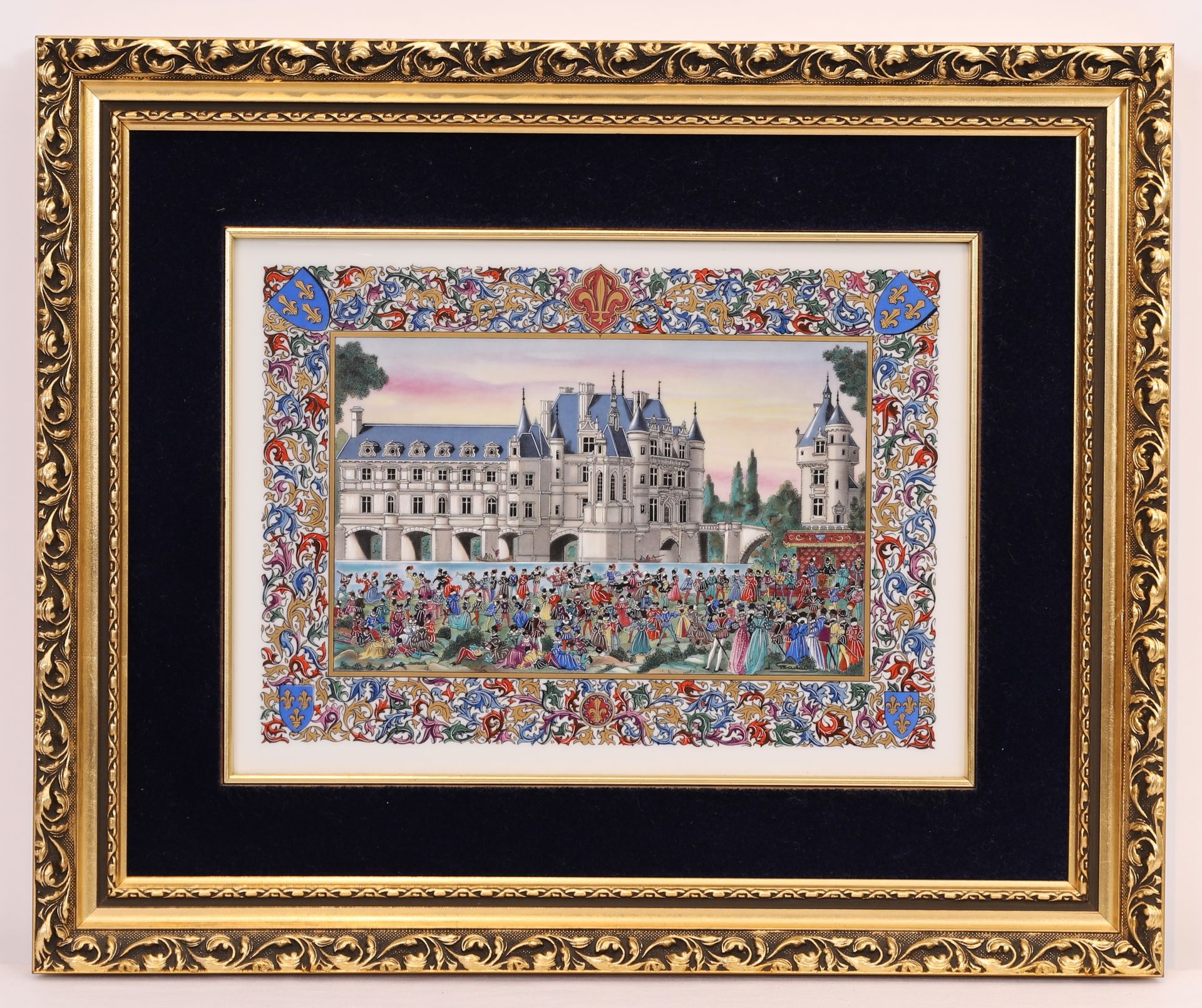 Null 美丽的瓷板 "La COUR D'HENRI III À CHENONCEAU"，签名为Jean GRADASSI (1907-1989)

背面有真&hellip;