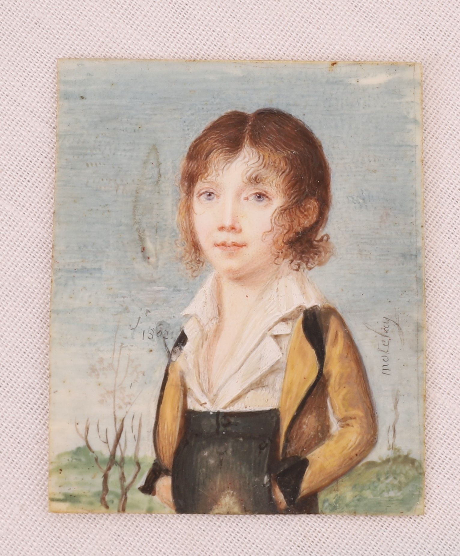 Null 艾蒂安-蒙泰莱(Etienne MONTELAY)的微型画《儿童画像》(第十八至十九期)

有签名和日期的油画，1802年

5,2 x 4,2 cm