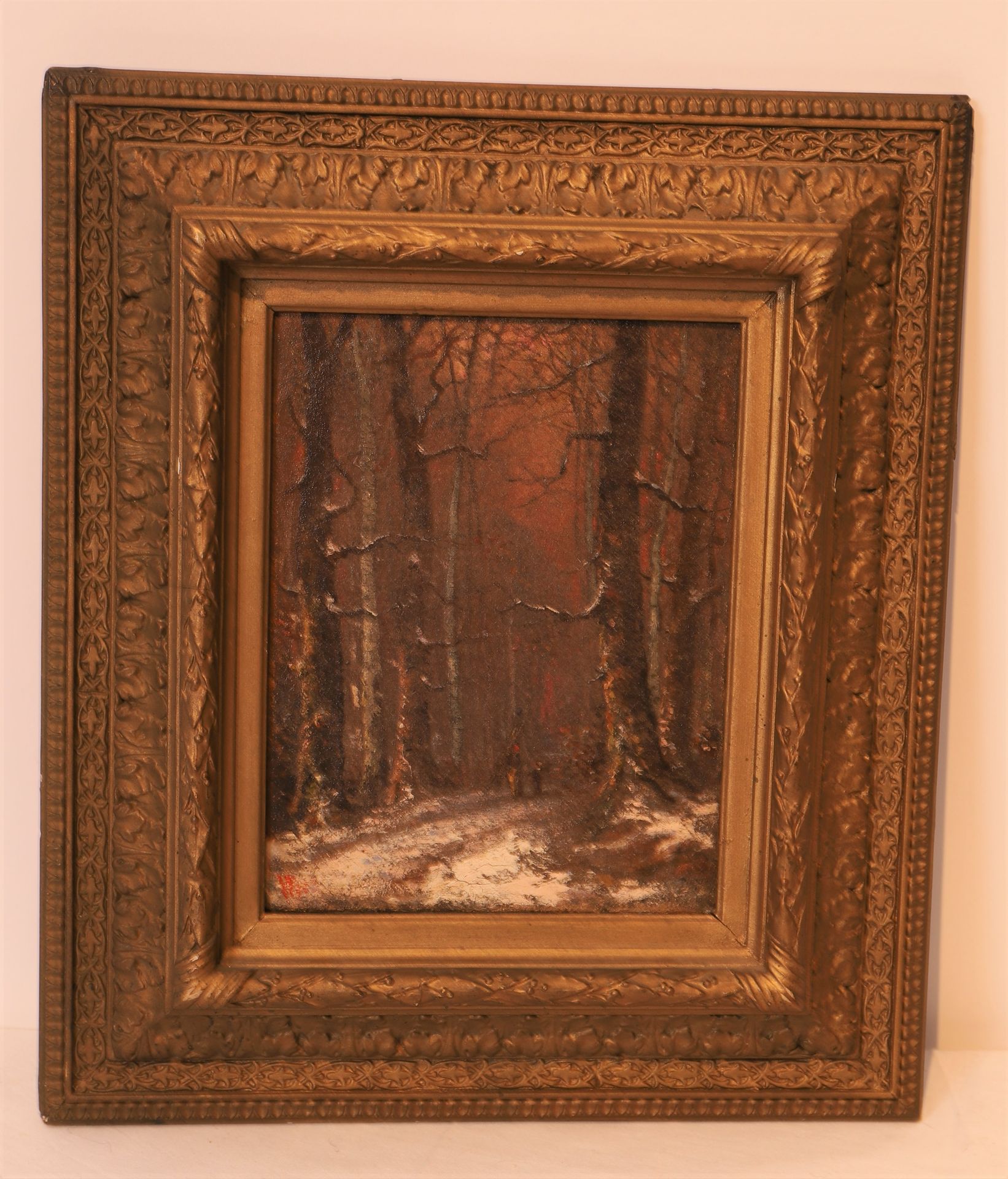 Null 迷人的小画 "在森林的雪道上行走"--19世纪末的法国画作

布面油画，右下角有图案

21,5 x 16,5 cm

模制和雕刻的木质框架