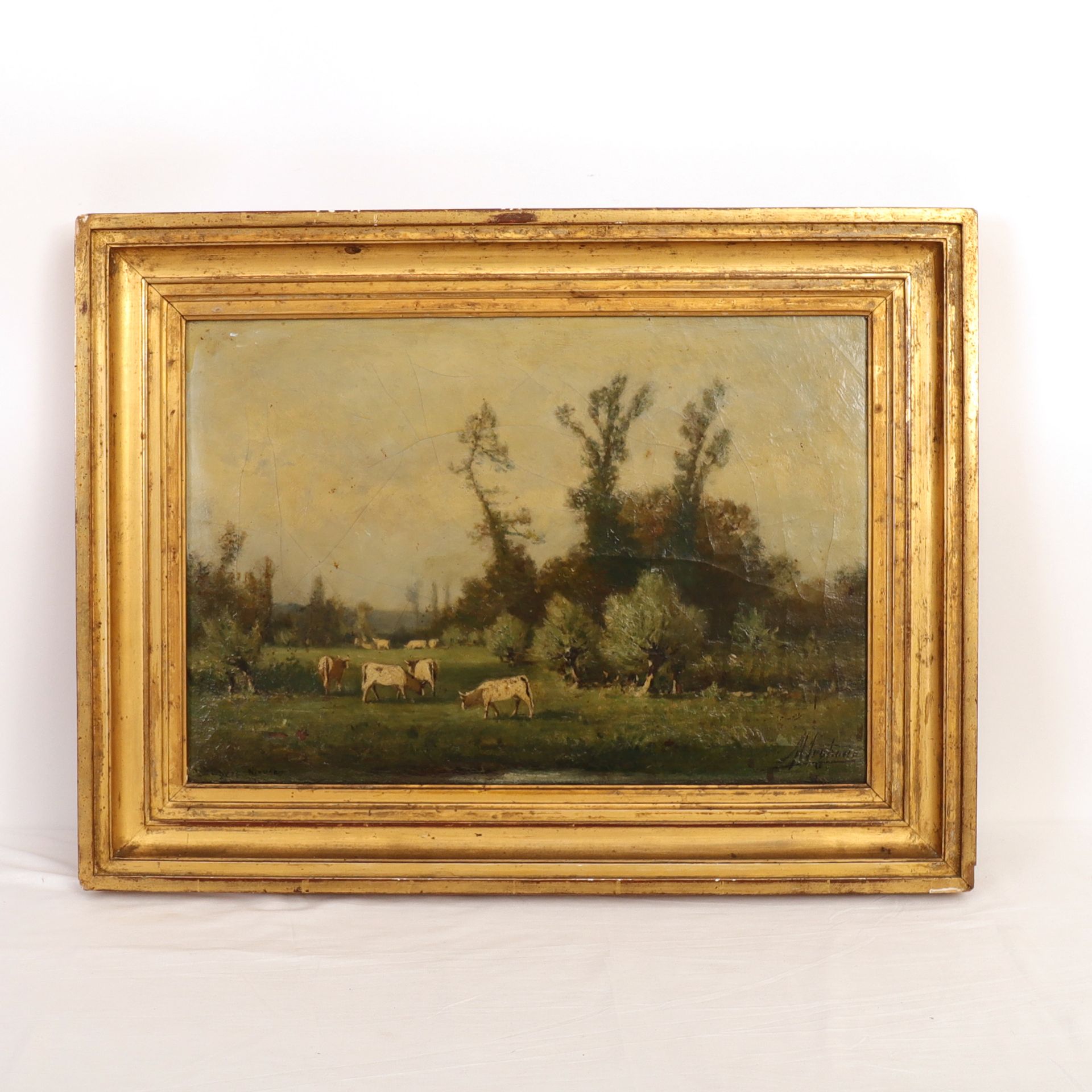 Null 画作《牧场上的奶牛》 19世纪

布面油画，带框。

右下方有签名Hilghovia (?)，左下方有定位 "Dorgon - Nièvre"。

1&hellip;