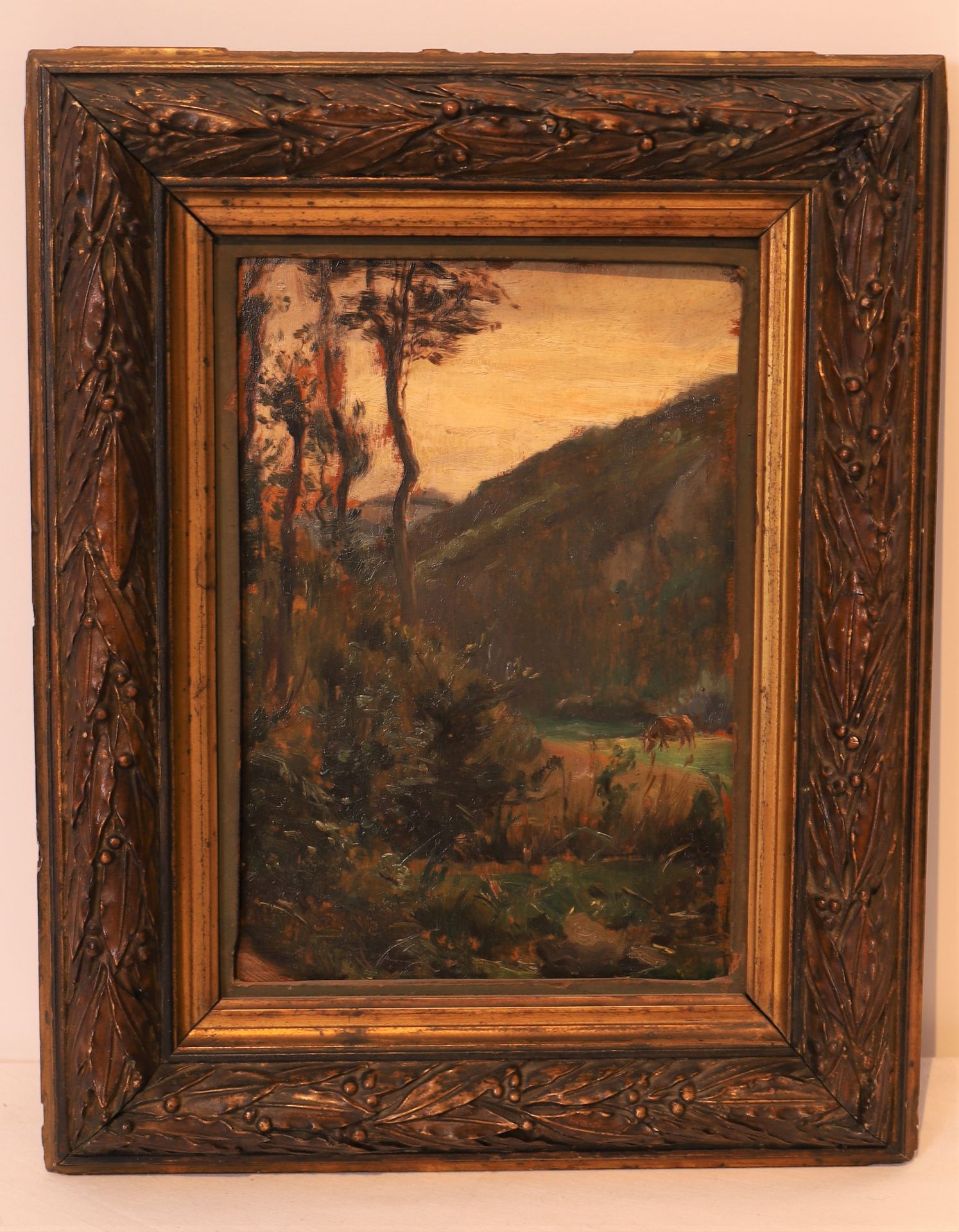 Null 巴比松画派风格的小画 "山水田园中的轮子"。

板上油彩

17,5 x 25,5 cm